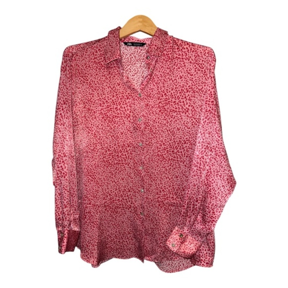 Zara Pink Leopard Print Button Front Blouse Feminine Romantic Valentine
